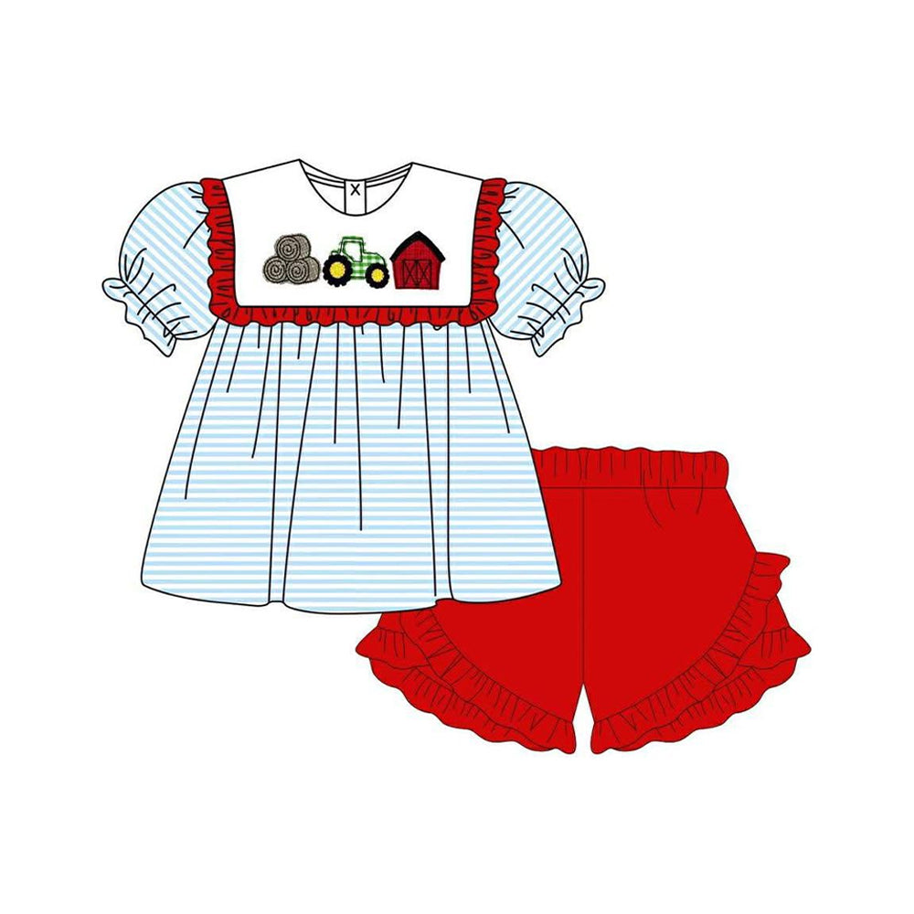 Baby Girls Truck House Stripe Tunic Ruffle Shorts Farm Clothes Sets Preorder