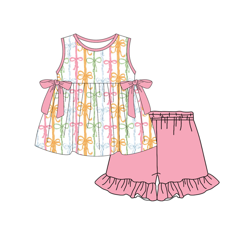 Baby Girls Colorful Bows Stripe Tunic Ruffle Shorts Clothes Set Preorder