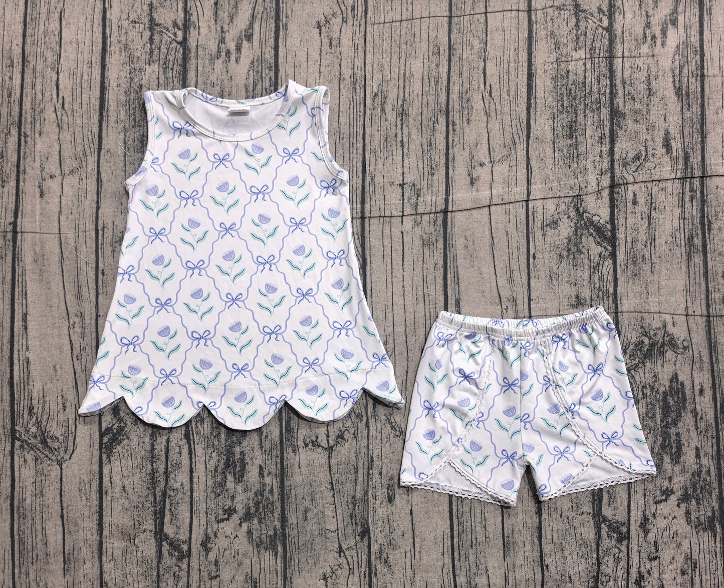 Baby Girls Blue Bow Flowers Checked Scallop Tunic Shorts Clothes Set
