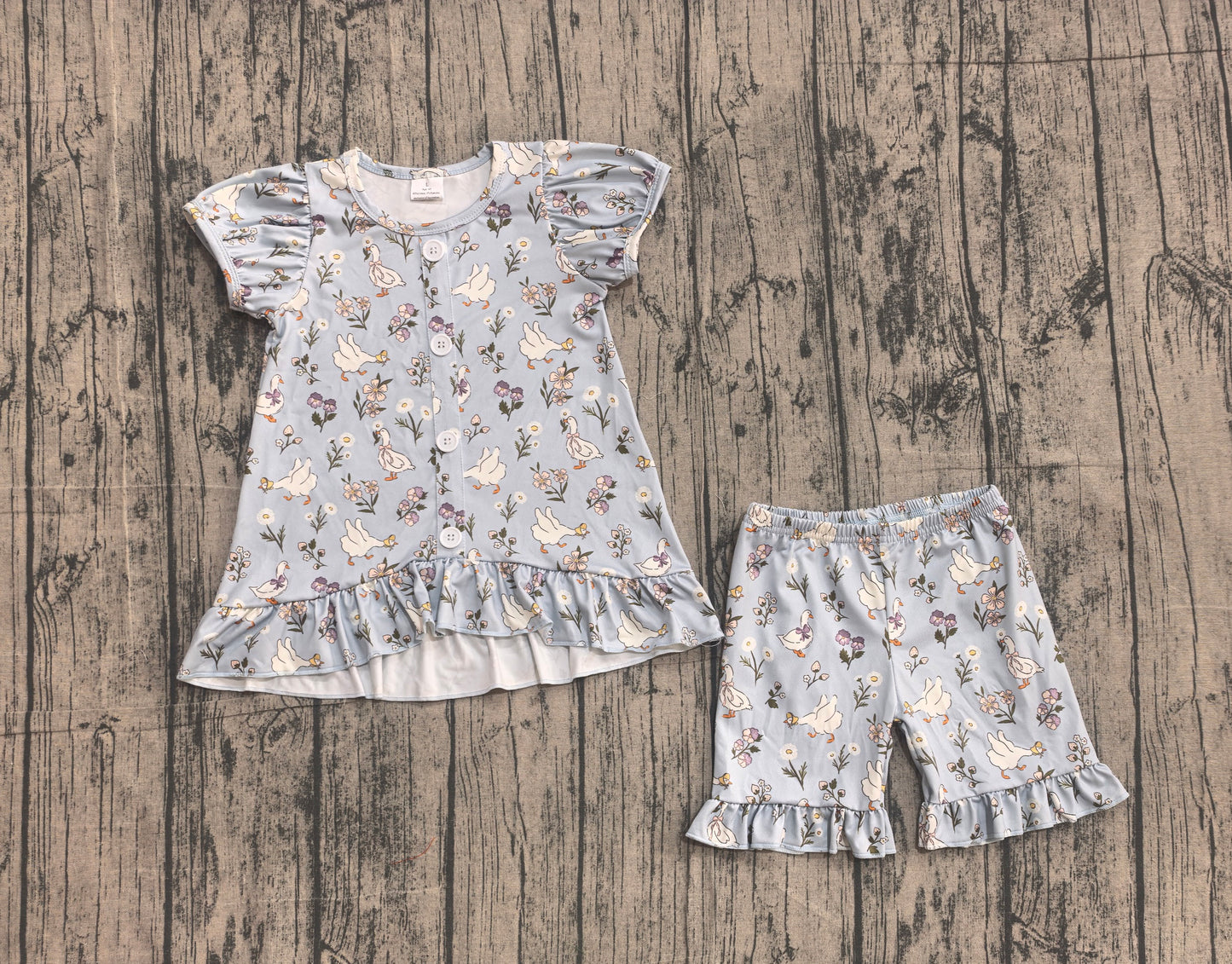 Baby Girls Flowers Gooses Button Tunic Ruffle Short Clothes Sets