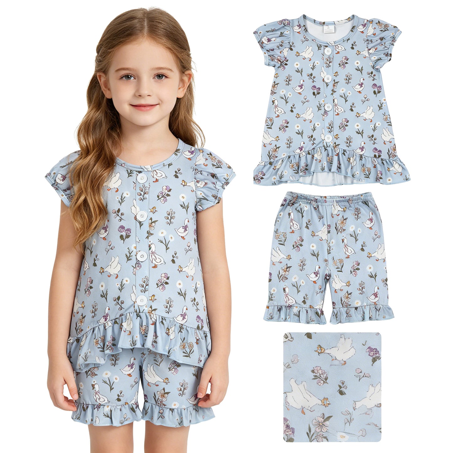 Baby Girls Flowers Gooses Button Tunic Ruffle Short Clothes Sets