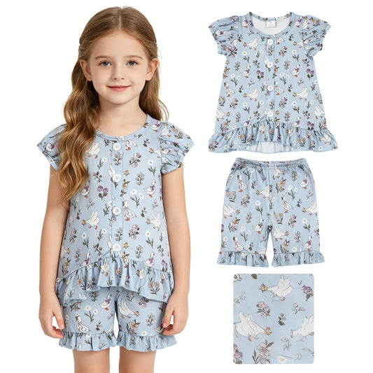 Baby Girls Flowers Gooses Button Tunic Ruffle Short Clothes Sets