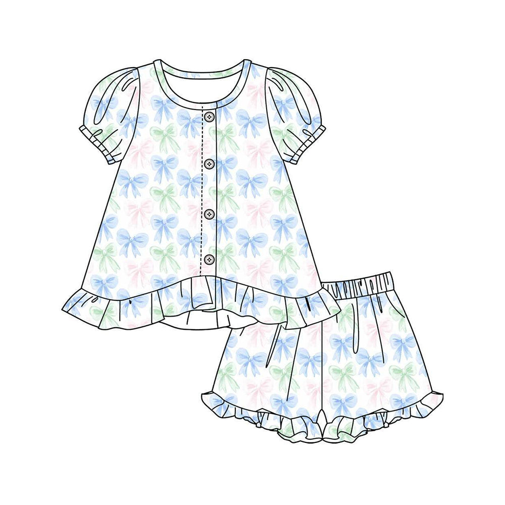 Baby Girls Colorful Bows Plaid Button Tunic Ruffle Short Clothes Sets Preorder