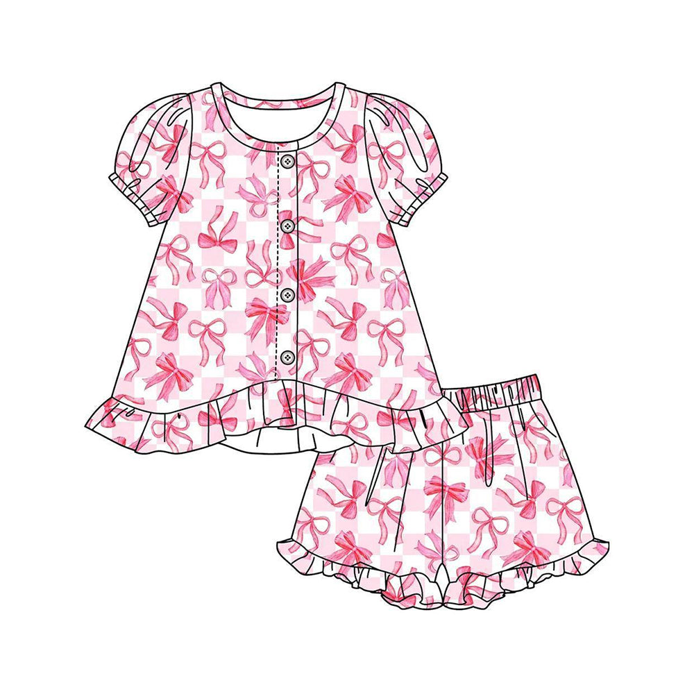Baby Girls Pink Checked Bows Button Tunic Ruffle Short Clothes Sets Preorder
