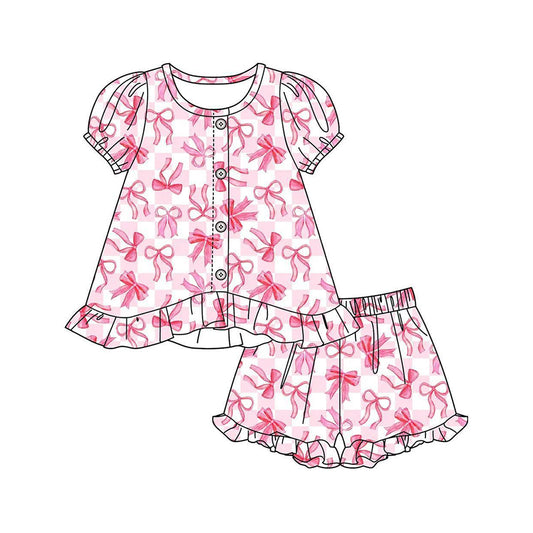 Baby Girls Pink Checked Bows Button Tunic Ruffle Short Clothes Sets Preorder
