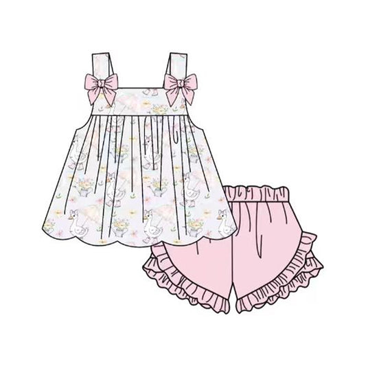 Baby Girls Strap Pink Flowers Goose Tunic Ruffle Short Clothes Sets Preorder