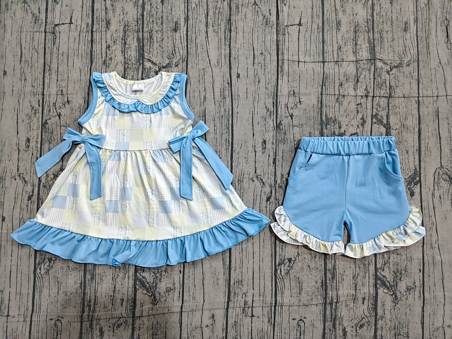 Baby Girls Flowers Checked Collar Tunic Pockets Ruffle Short Clothes Sets