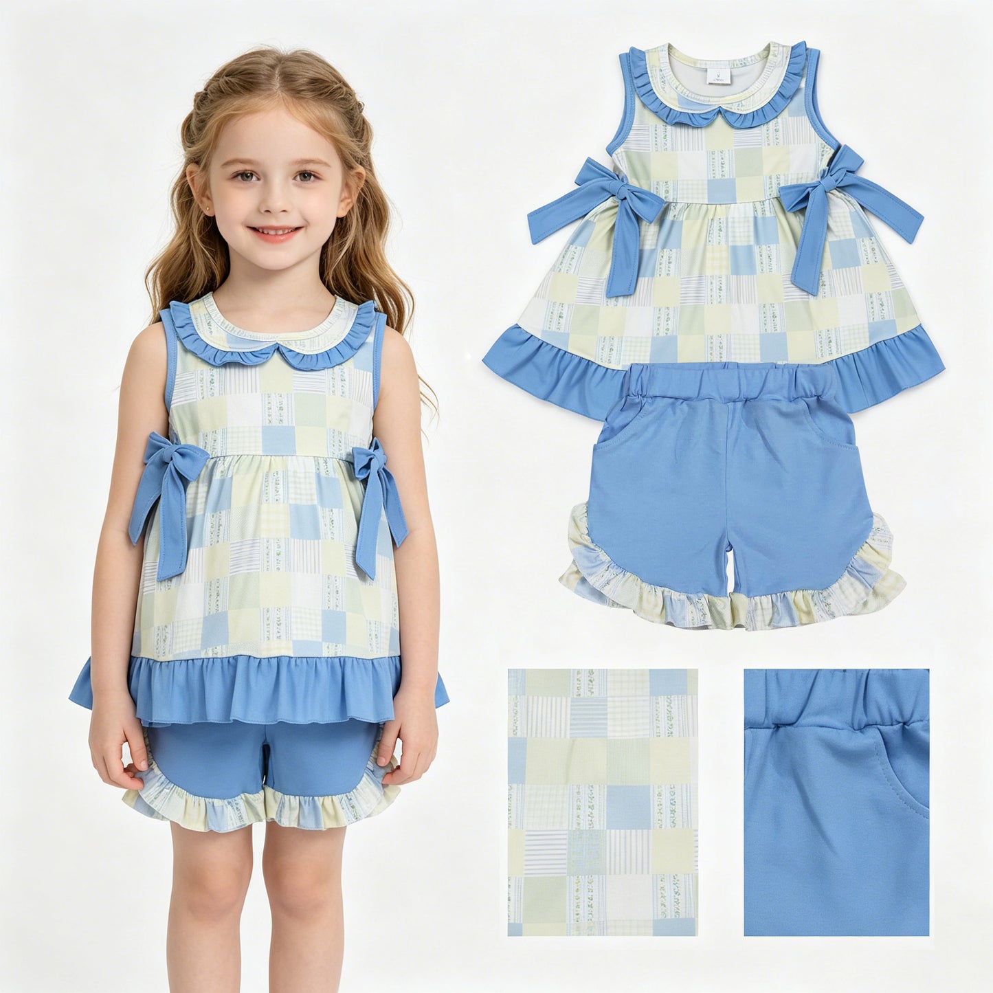 Baby Girls Flowers Checked Collar Tunic Pockets Ruffle Short Clothes Sets