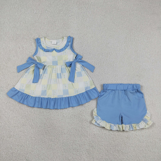 Baby Girls Flowers Checked Collar Tunic Pockets Ruffle Short Clothes Sets