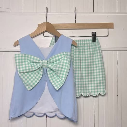 Baby Girls Sleeveless Back Bows Scallop Tunic Checked Short Clothes Sets Preorder