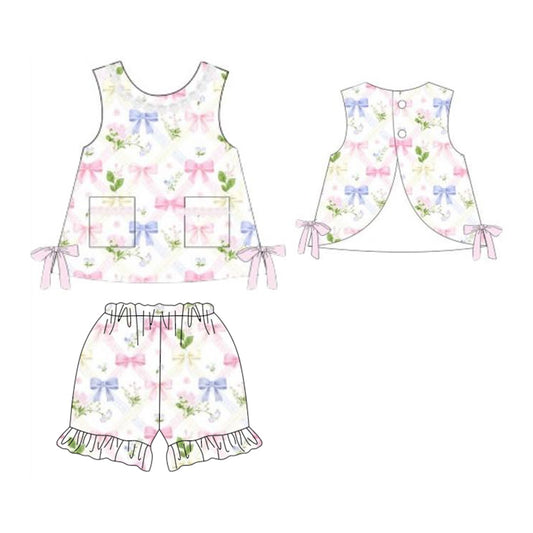 Baby Girls Colorful Flower Bows Pockets Tunic Ruffle Short Clothes Sets Preorder