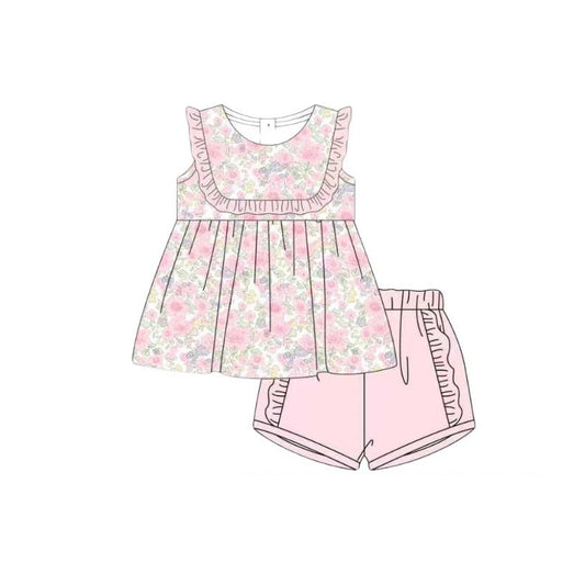 Baby Girls Sleeveless Pink Floral Tunic Ruffle Short Clothes Sets Preorder