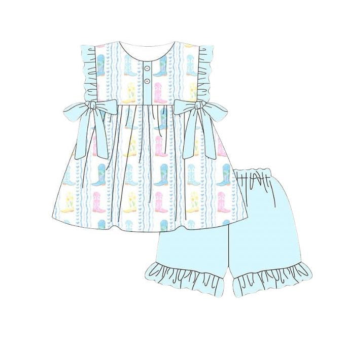 Baby Girls Colorful Boots Stripe Button Tunic Ruffle Short Western Clothes Sets Preorder