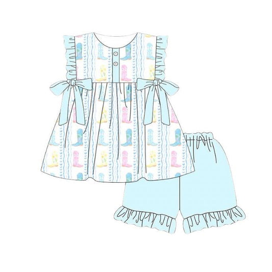 Baby Girls Colorful Boots Stripe Button Tunic Ruffle Short Western Clothes Sets Preorder