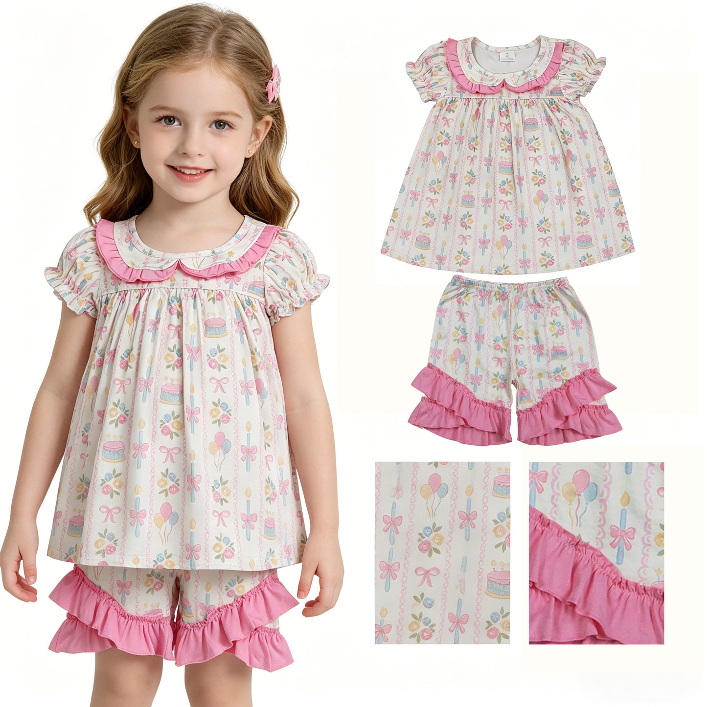 Baby Girls Colorful Bow Flowers Stripe Collar Tunic Ruffle Short Clothes Sets