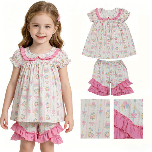 Baby Girls Colorful Bow Flowers Stripe Collar Tunic Ruffle Short Clothes Sets