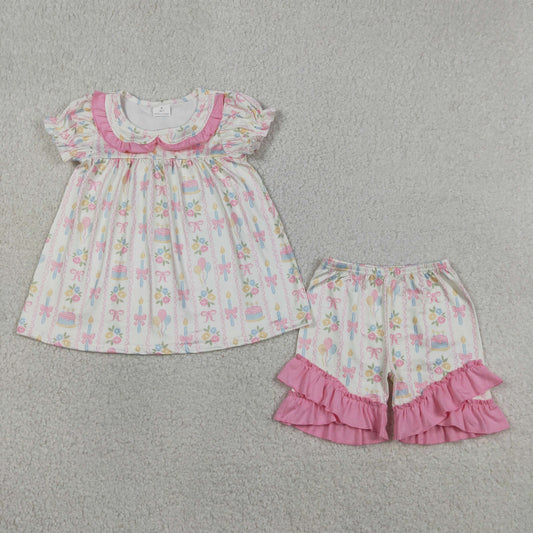 Baby Girls Colorful Bow Flowers Stripe Collar Tunic Ruffle Short Clothes Sets