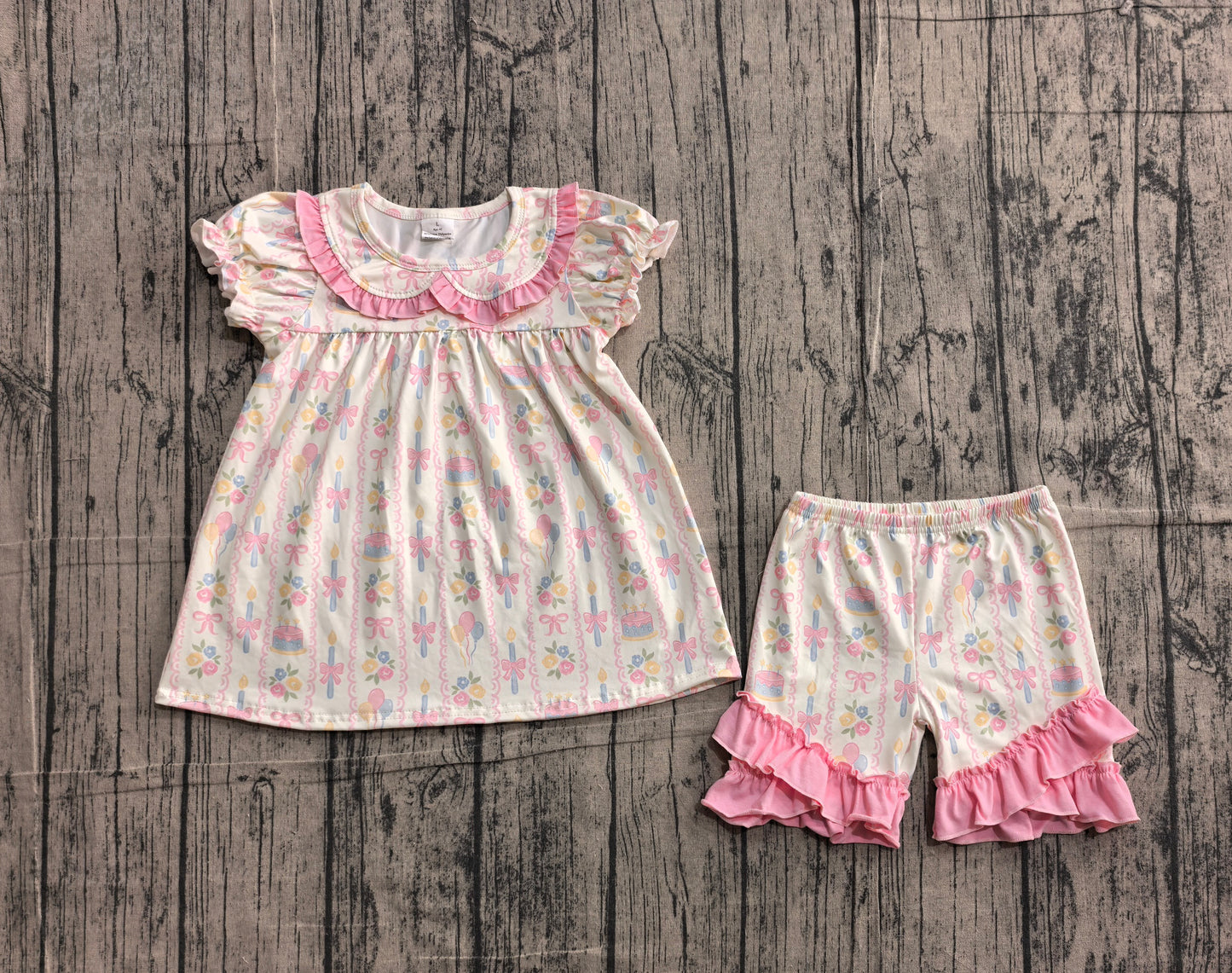 Baby Girls Colorful Bow Flowers Stripe Collar Tunic Ruffle Short Clothes Sets