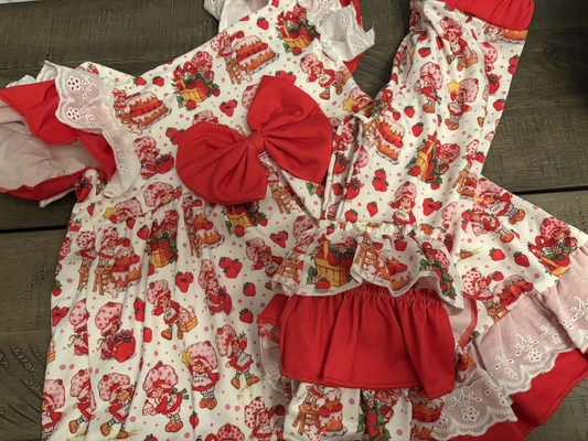 Baby Girls Flutter Sleeve Strawberry Cakes Tunic Ruffle Short Clothes Sets Preorder