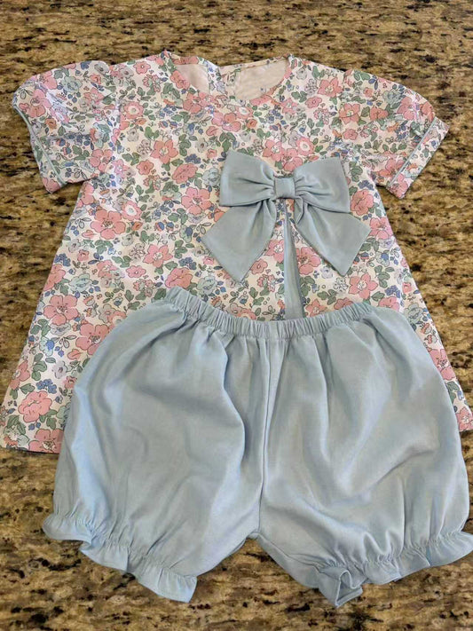 Baby Girls Short Sleeve Pink Flowers Tunic Ruffle Short Clothes Sets Preorder
