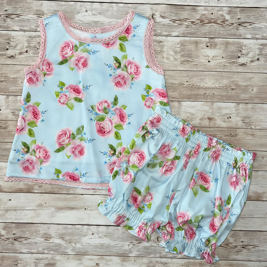 Baby Girls Sleeveless Pink Flowers Button Tunic Ruffle Short Clothes Sets Preorder