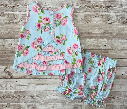 Baby Girls Sleeveless Pink Flowers Button Tunic Ruffle Short Clothes Sets Preorder