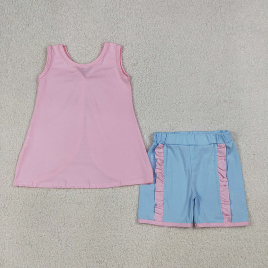 Baby Girls Pink Sleeveless Back Bows Tunic Ruffle Shorts Clothes Sets