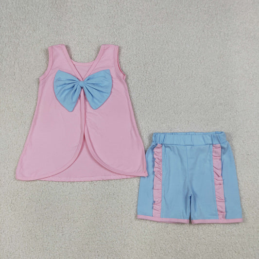 Baby Girls Pink Sleeveless Back Bows Tunic Ruffle Shorts Clothes Sets