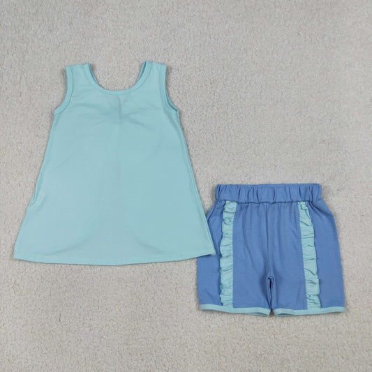 Baby Girls Blue Sleeveless Back Bows Tunic Ruffle Shorts Clothes Sets