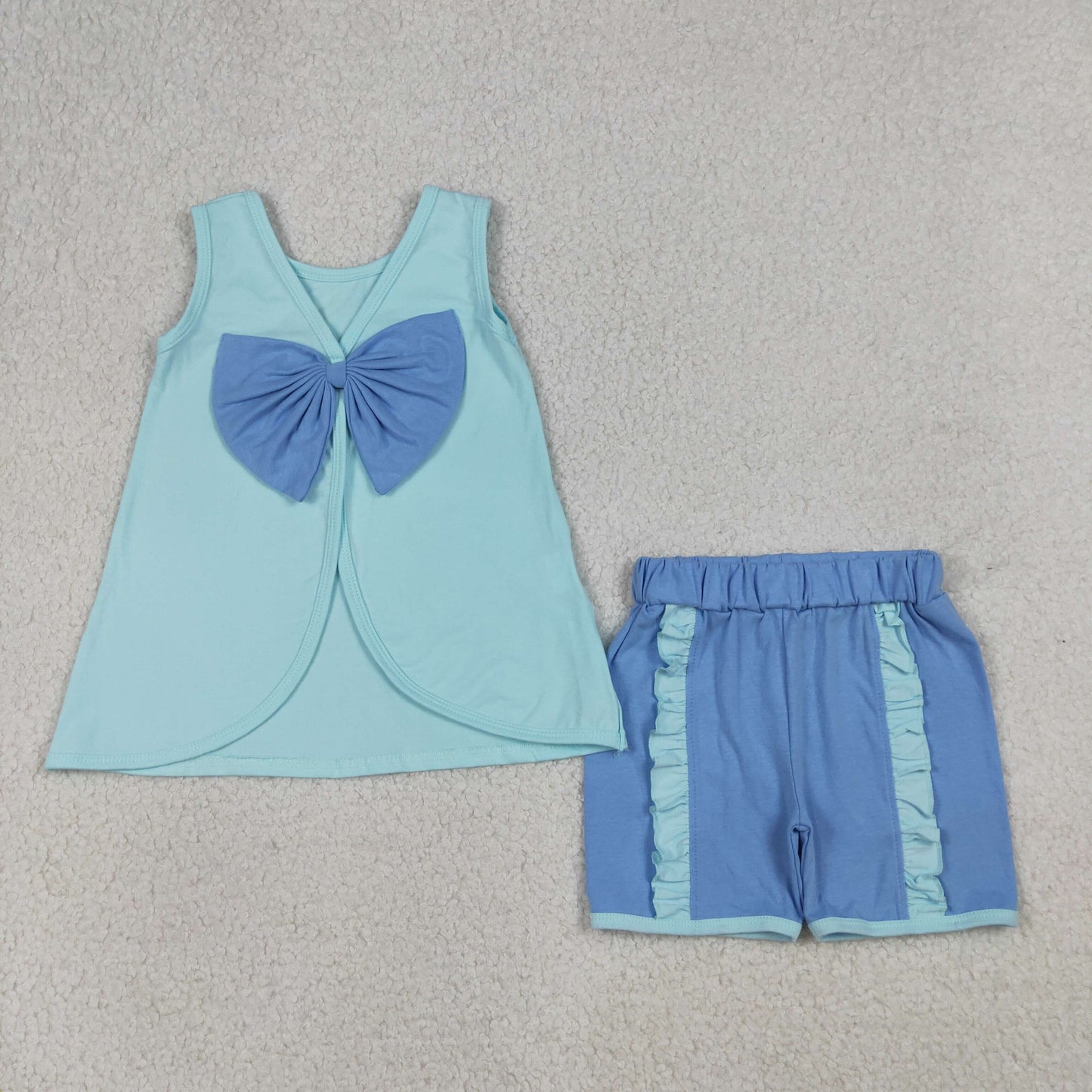 Baby Girls Blue Sleeveless Back Bows Tunic Ruffle Shorts Clothes Sets