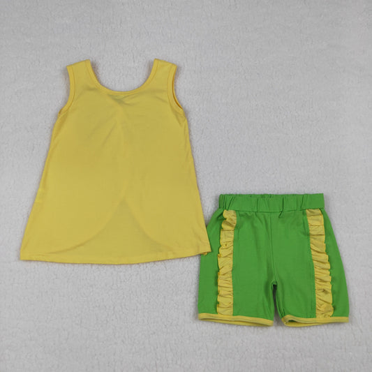 Baby Girls Sleeveless Back Bows Tunic Green Ruffle Shorts Clothes Sets