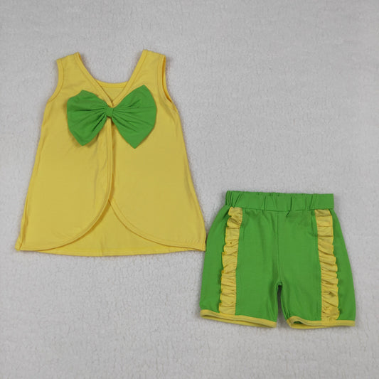 Baby Girls Sleeveless Back Bows Tunic Green Ruffle Shorts Clothes Sets