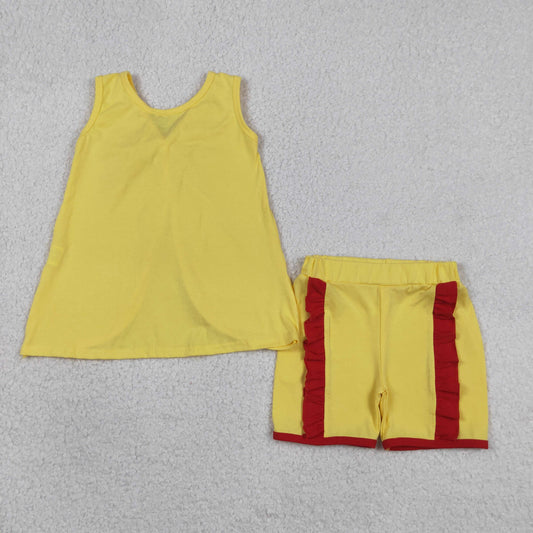 Baby Girls Yellow Sleeveless Back Bows Tunic Ruffle Shorts Clothes Sets