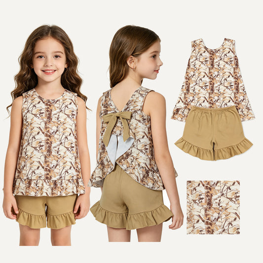 Baby Girls Southern Leaves Camo Back Bow Tunic Ruffle Shorts Clothes Sets