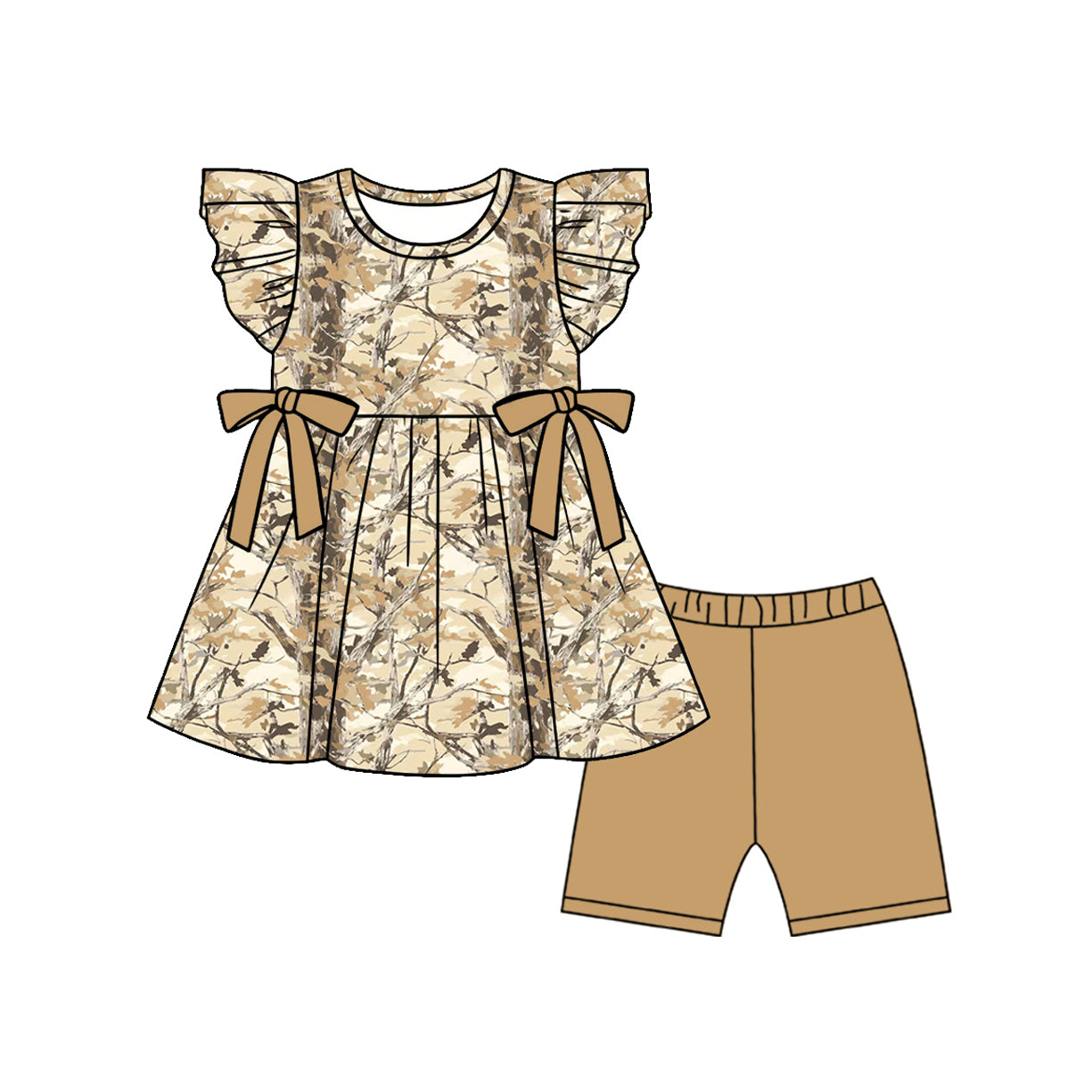 Baby Girls Flutter Sleeve Southern Leaves Camo Tunic Shorts Clothes Sets Preorder