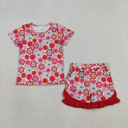 Sibling Baby Girls Short Sleeve Colorful Flowers Cherry Top Ruffle Shorts Clothes Sets