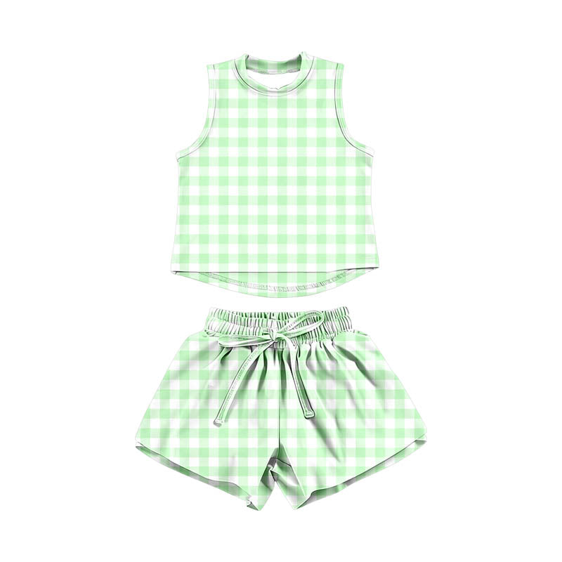 Baby Girls Light Green Checked Vests Top Short Yoga Active Clothes Set Preorder