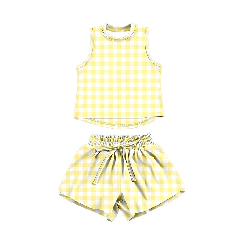 Baby Girls Yellow Checked Vests Top Short Yoga Active Clothes Set Preorder
