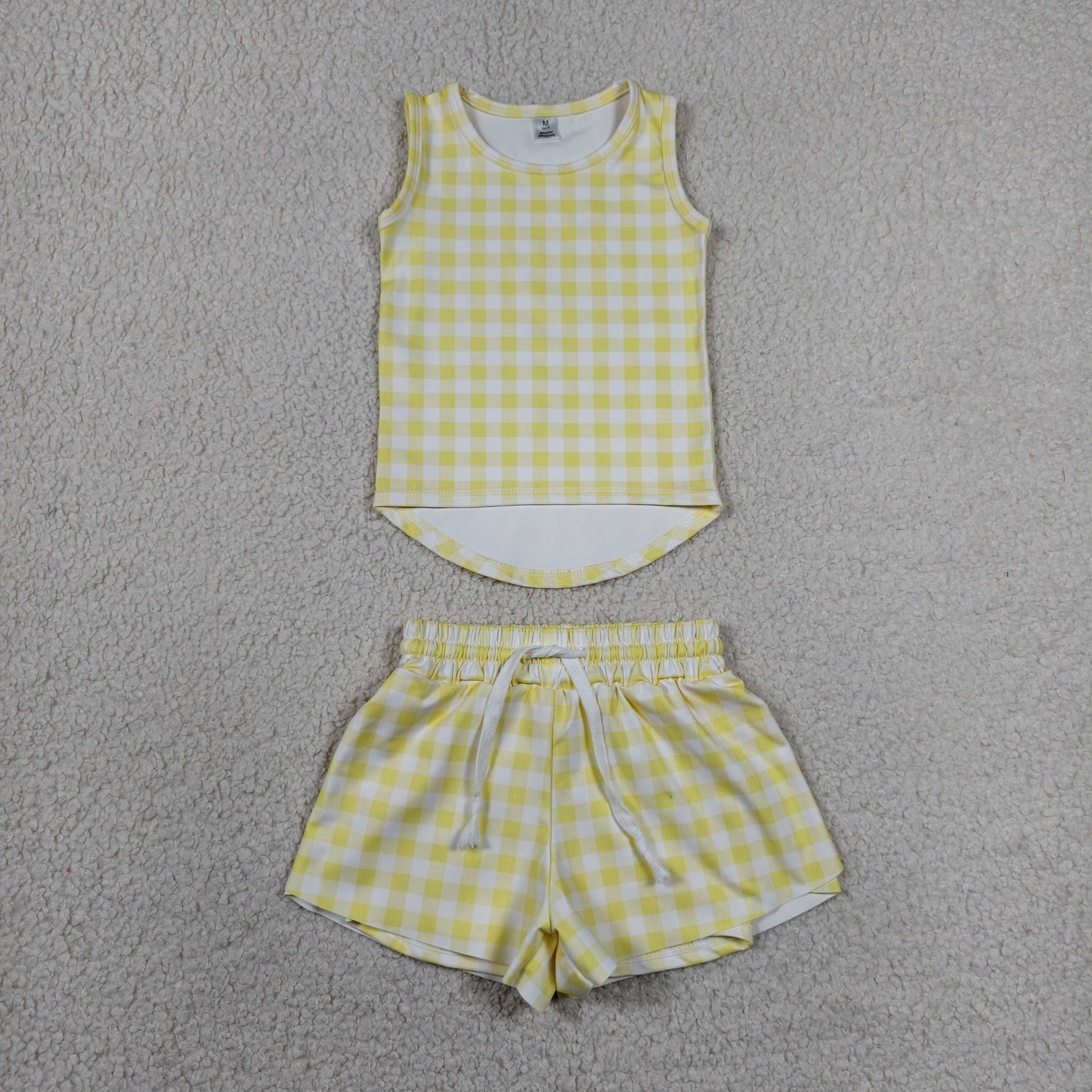 Baby Girls Yellow Checked Vests Top Butterfly Short Yoga Active Clothes Set