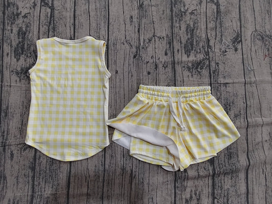 Baby Girls Yellow Checked Vests Top Short Yoga Active Clothes Set Preorder
