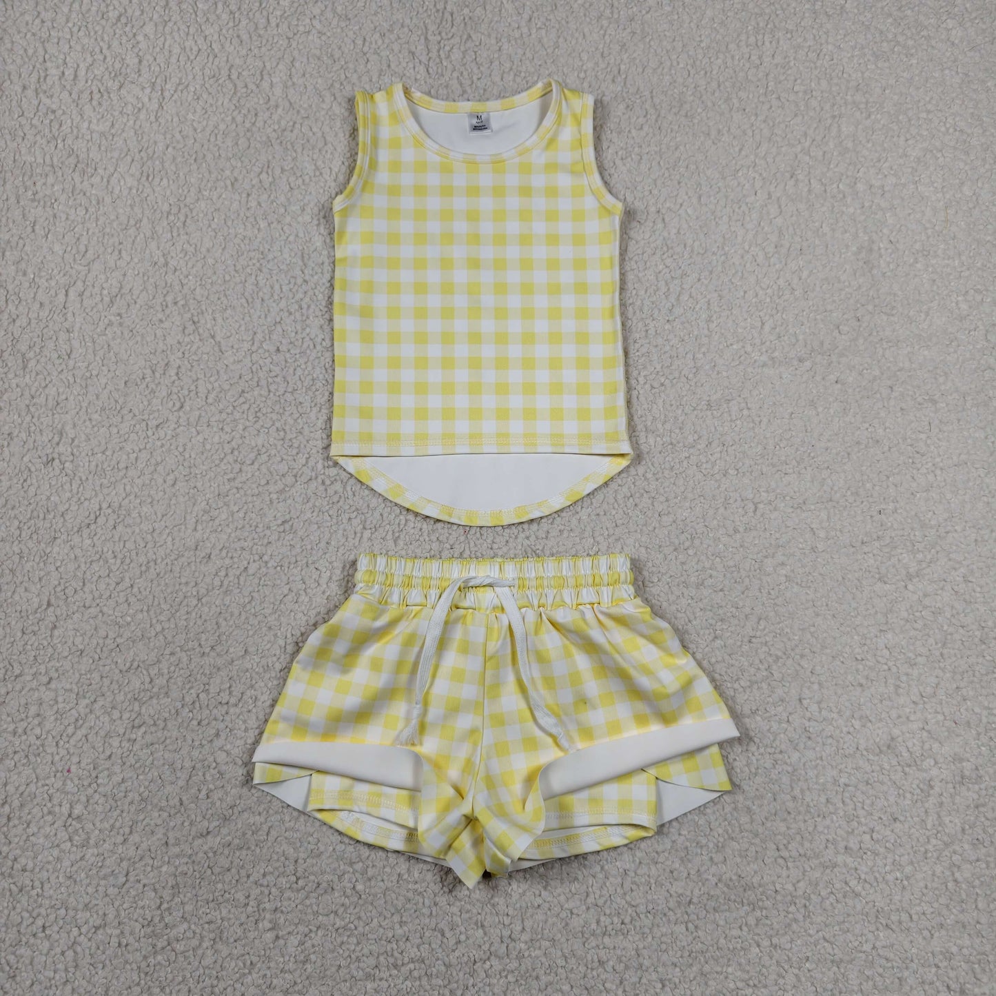 Baby Girls Yellow Checked Vests Top Butterfly Short Yoga Active Clothes Set