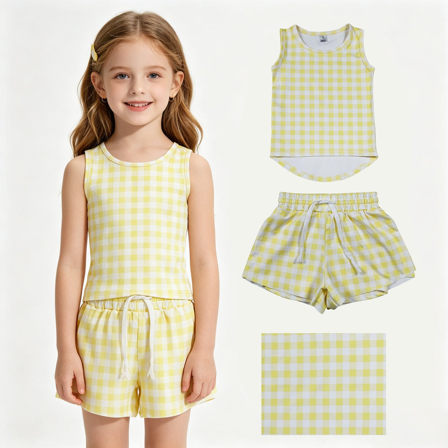 Baby Girls Yellow Checked Vests Top Butterfly Short Yoga Active Clothes Set