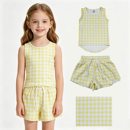 Baby Girls Yellow Checked Vests Top Butterfly Short Yoga Active Clothes Set