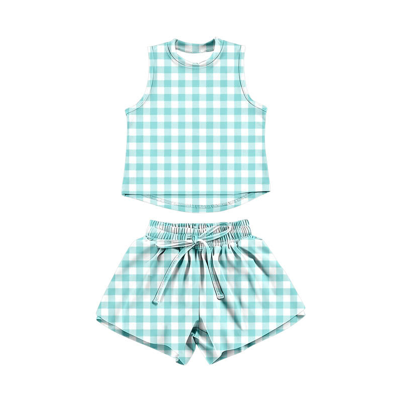 Baby Girls Blue Checked Vests Top Short Yoga Active Clothes Set Preorder