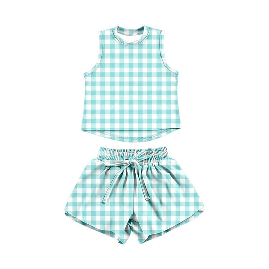 Baby Girls Blue Checked Vests Top Short Yoga Active Clothes Set Preorder