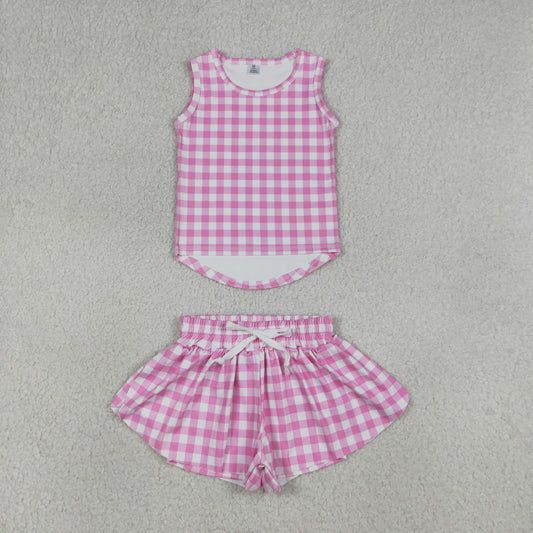 Baby Girls Pink Checked Vests Top Butterfly Short Yoga Active Clothes Set