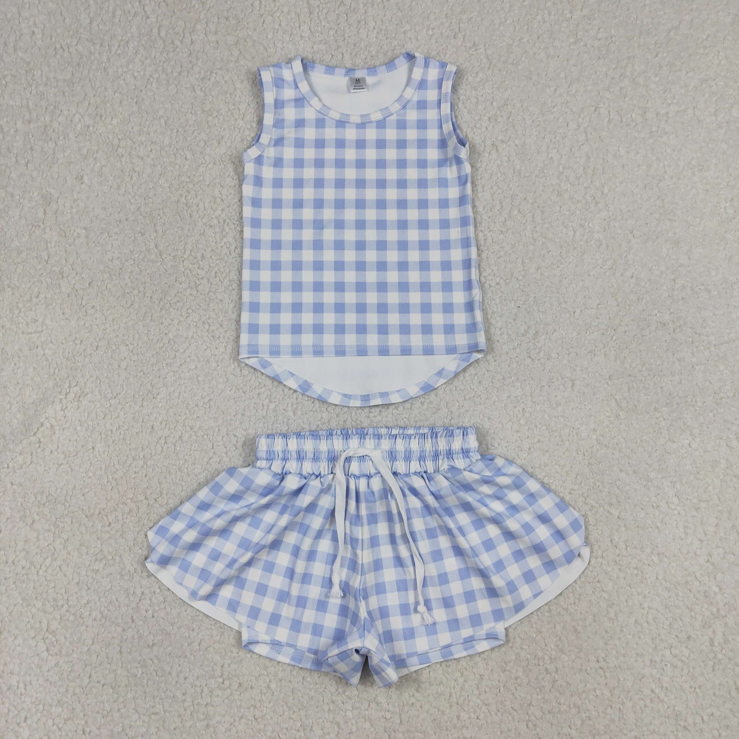 Baby Girls Blue Checked Vests Top Butterfly Short Yoga Active Clothes Set