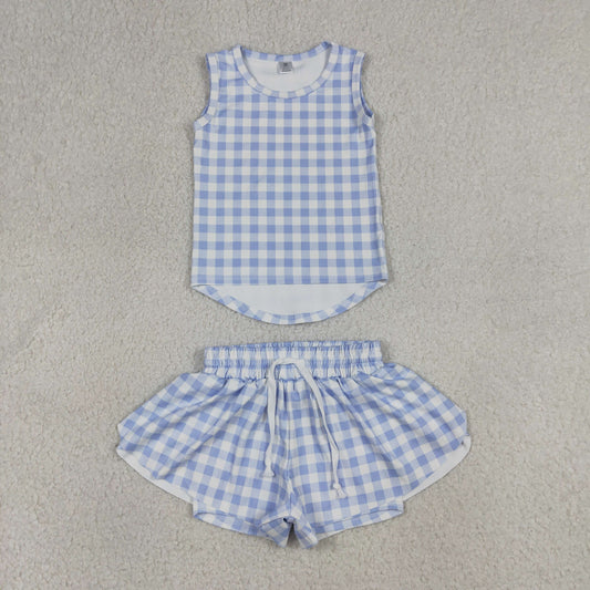 Baby Girls Blue Checked Vests Top Butterfly Short Yoga Active Clothes Set