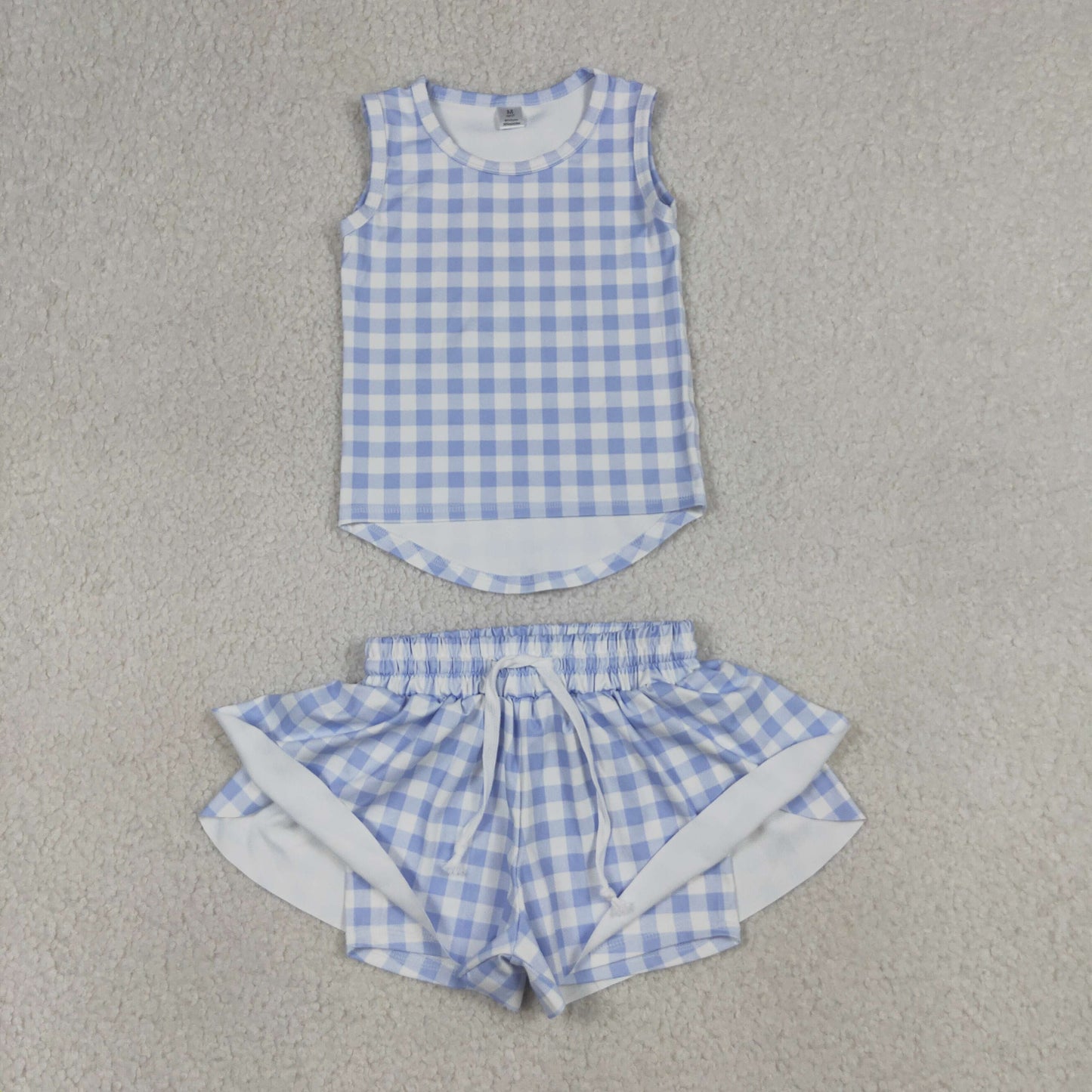 Baby Girls Blue Checked Vests Top Butterfly Short Yoga Active Clothes Set