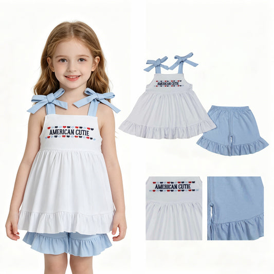 Embroidery American Cutie Baby Girls Strap Tunic Ruffle Short 4th of July Clothes Sets